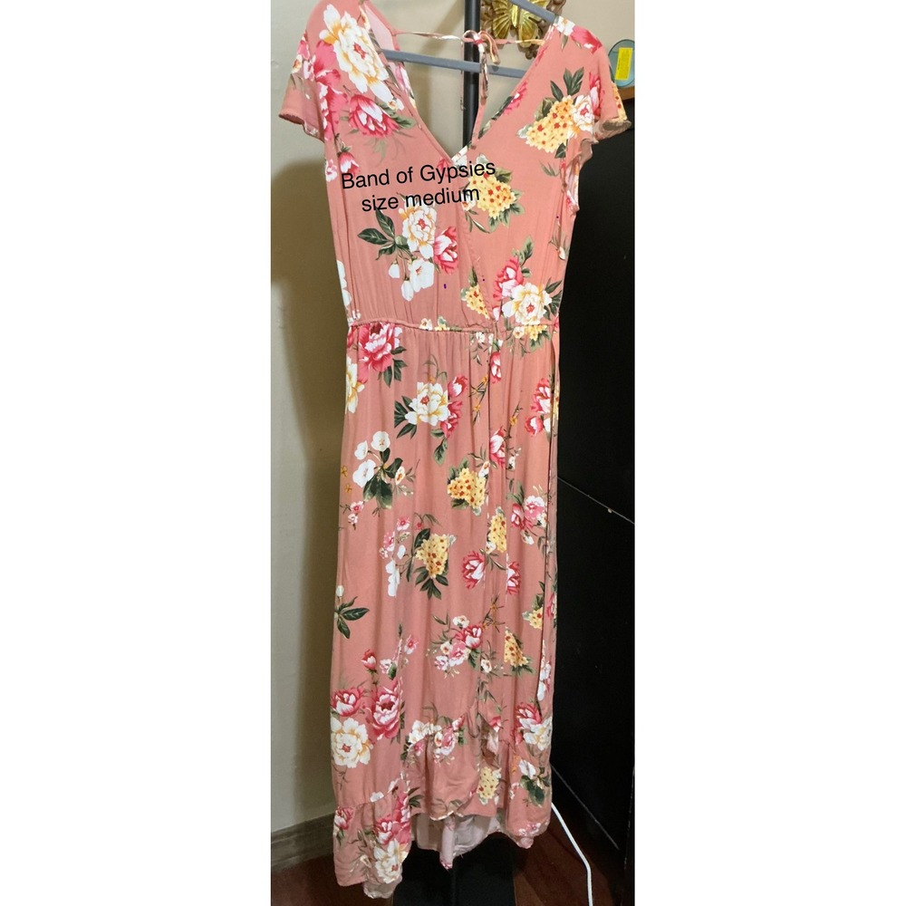 Band of Gypsies Floral Maxi Dress Pink Coral High Low Ruffle Boho Medium